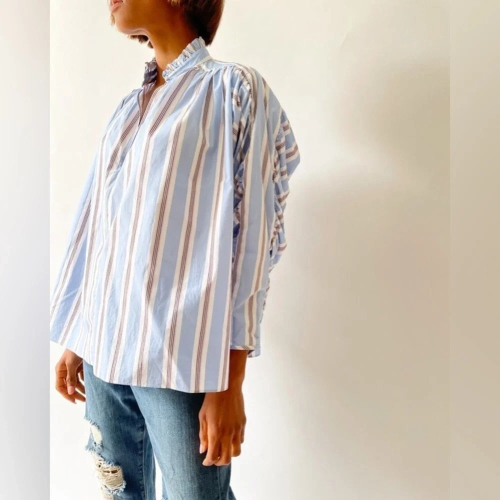 Maje Lavia striped ruffle collar woven long sleeve shirt 13489 - Picture 3 of 12